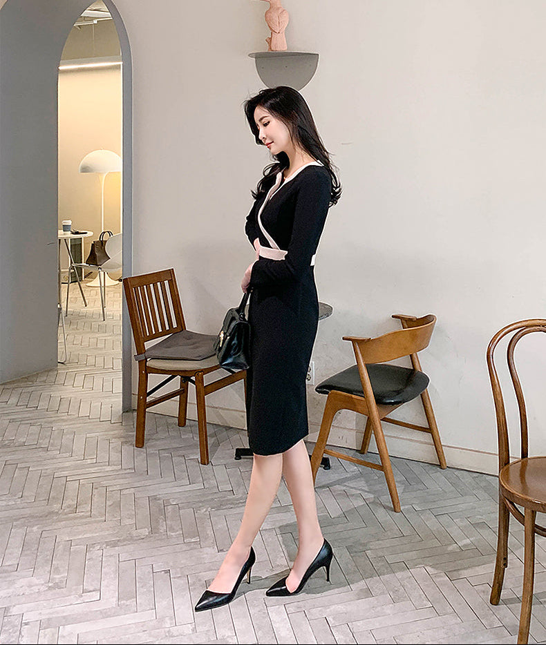 Elegant Long Sleeve V-Neck Contrast Trim Sheath Dress