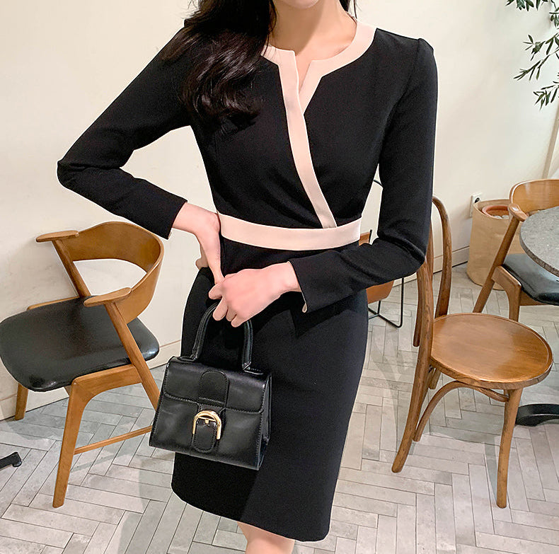 Elegant Long Sleeve V-Neck Contrast Trim Sheath Dress