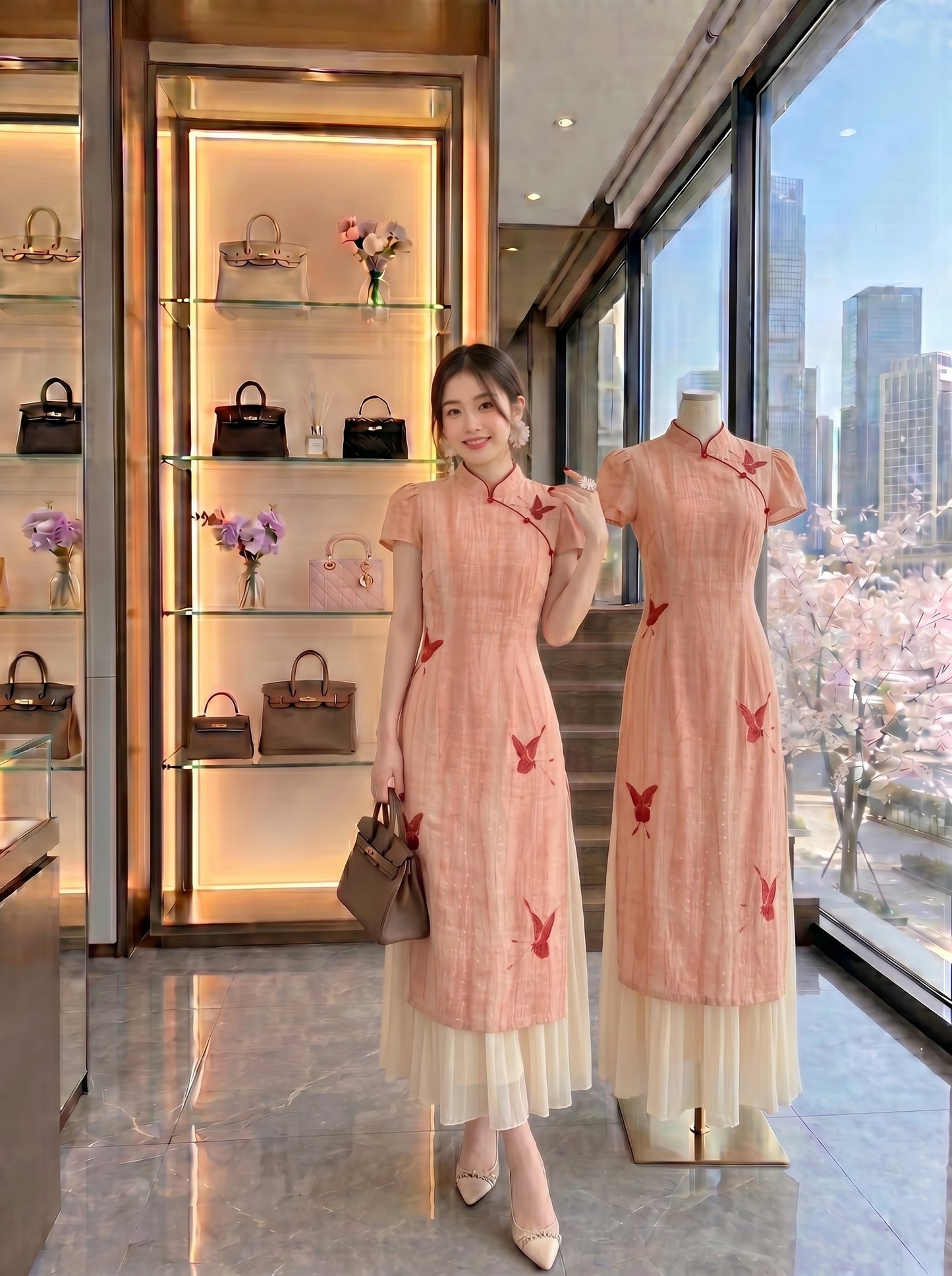 Coral Butterfly Dreams Layered Cheongsam