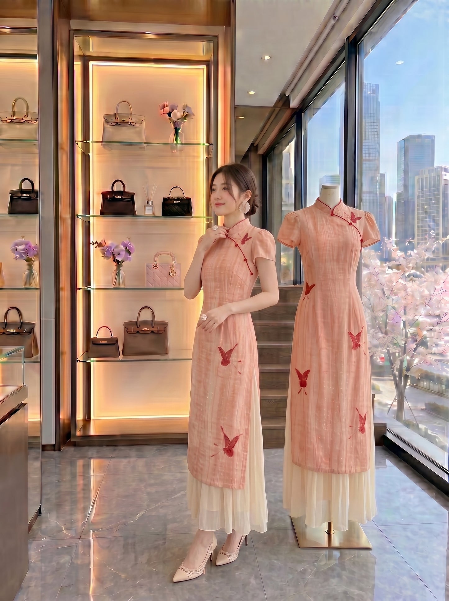 Coral Butterfly Dreams Layered Cheongsam