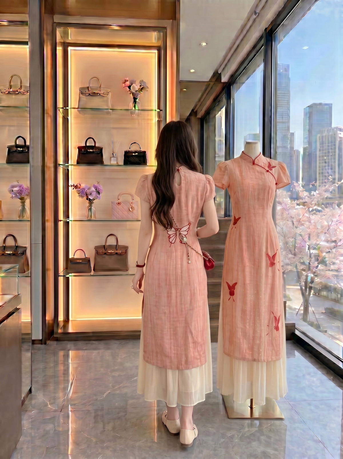 Coral Butterfly Dreams Layered Cheongsam
