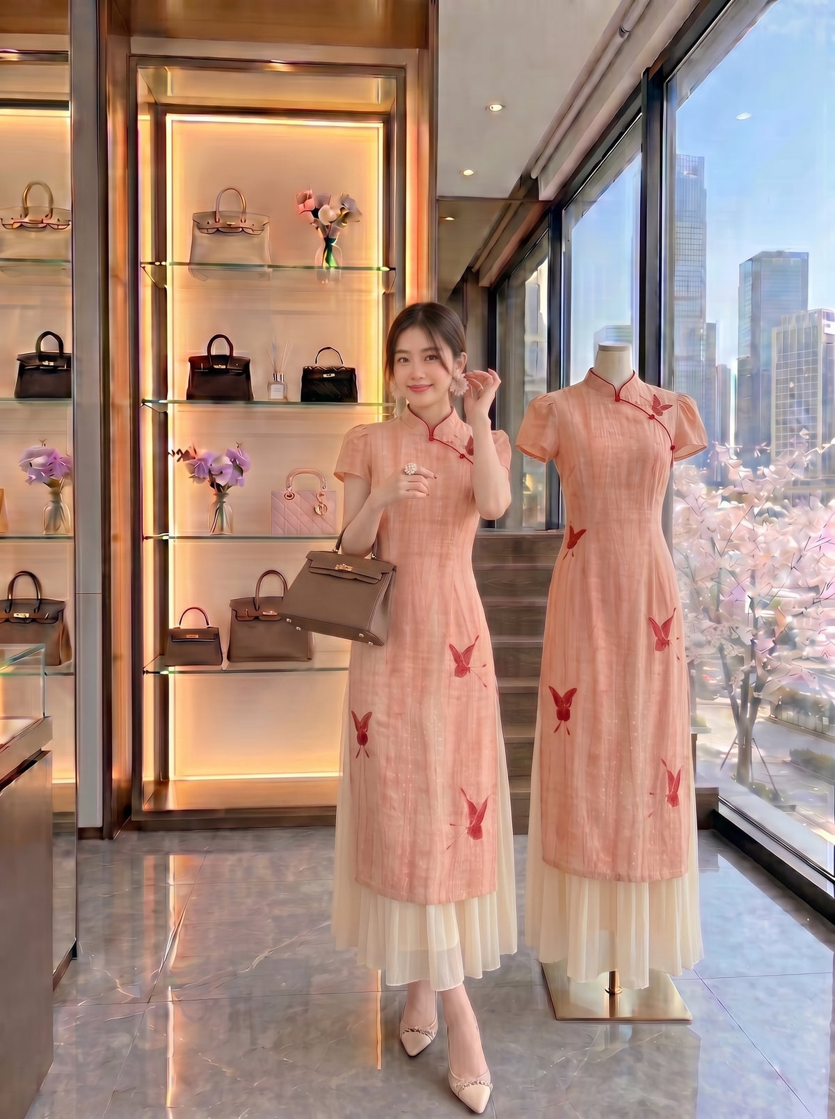 Coral Butterfly Dreams Layered Cheongsam