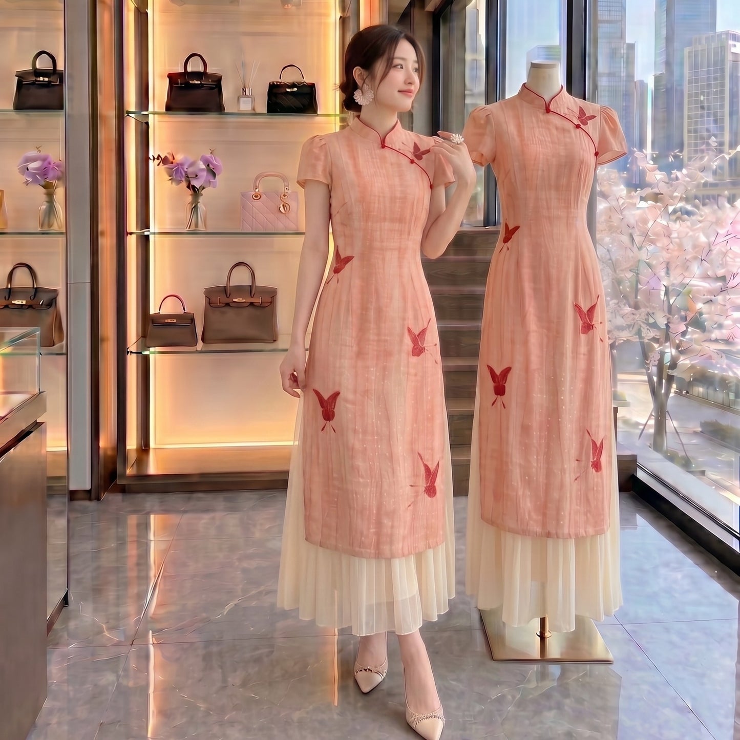 Coral Butterfly Dreams Layered Cheongsam