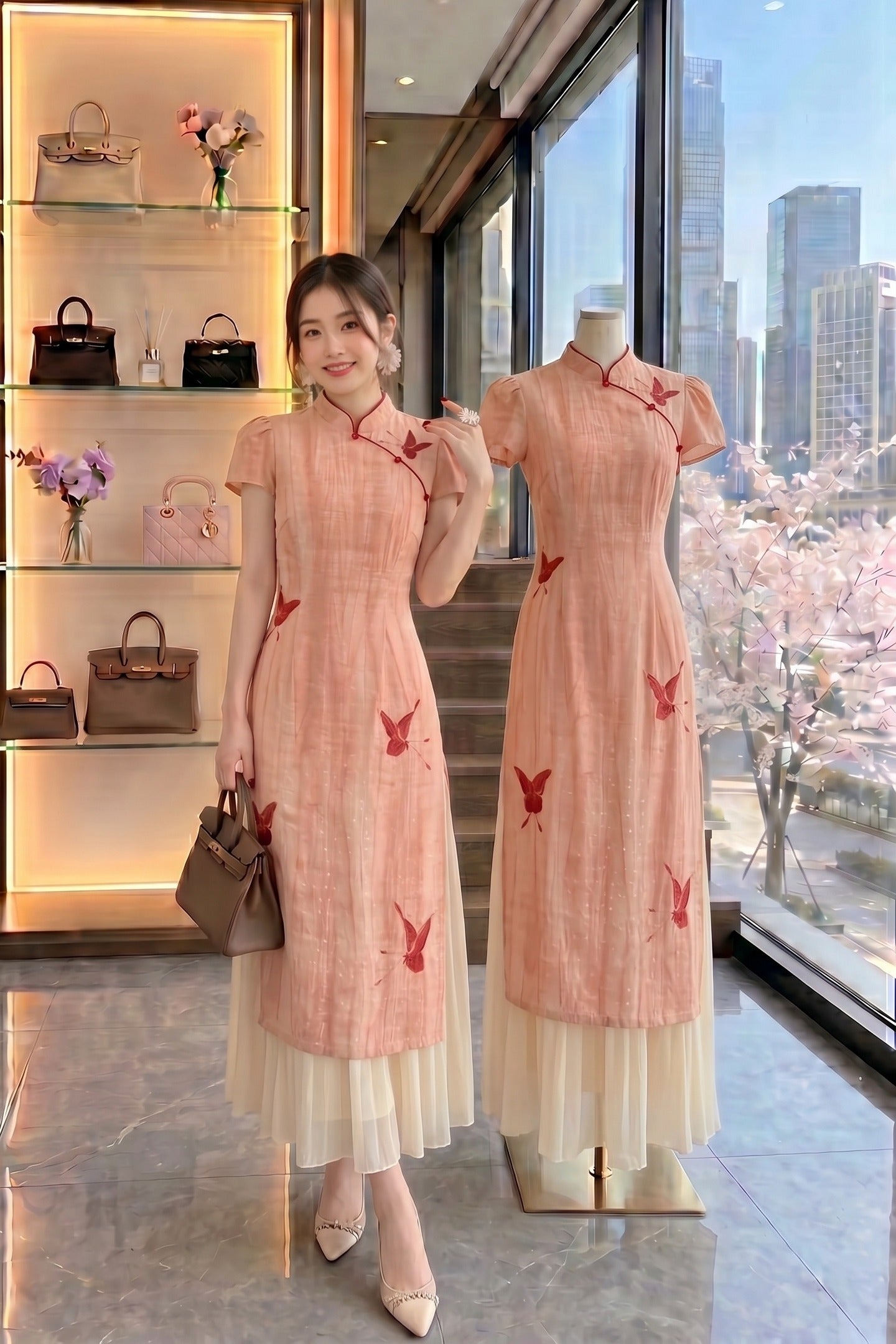 Coral Butterfly Dreams Layered Cheongsam