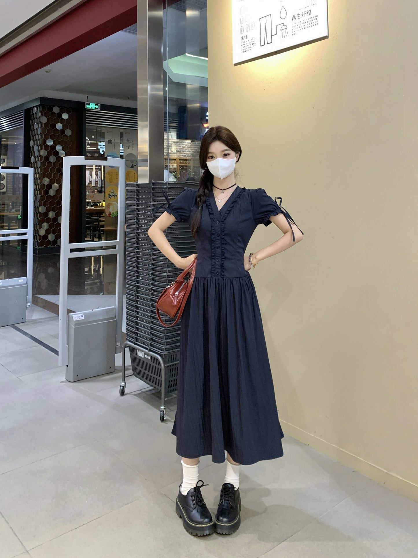 Victorian-Inspired Corset Waist Tea Dress With Ribbon Sleeve Ties