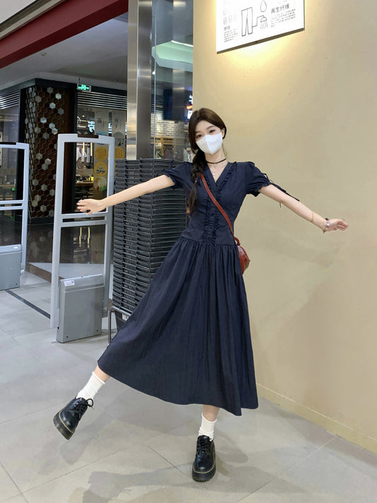 Victorian-Inspired Corset Waist Tea Dress With Ribbon Sleeve Ties