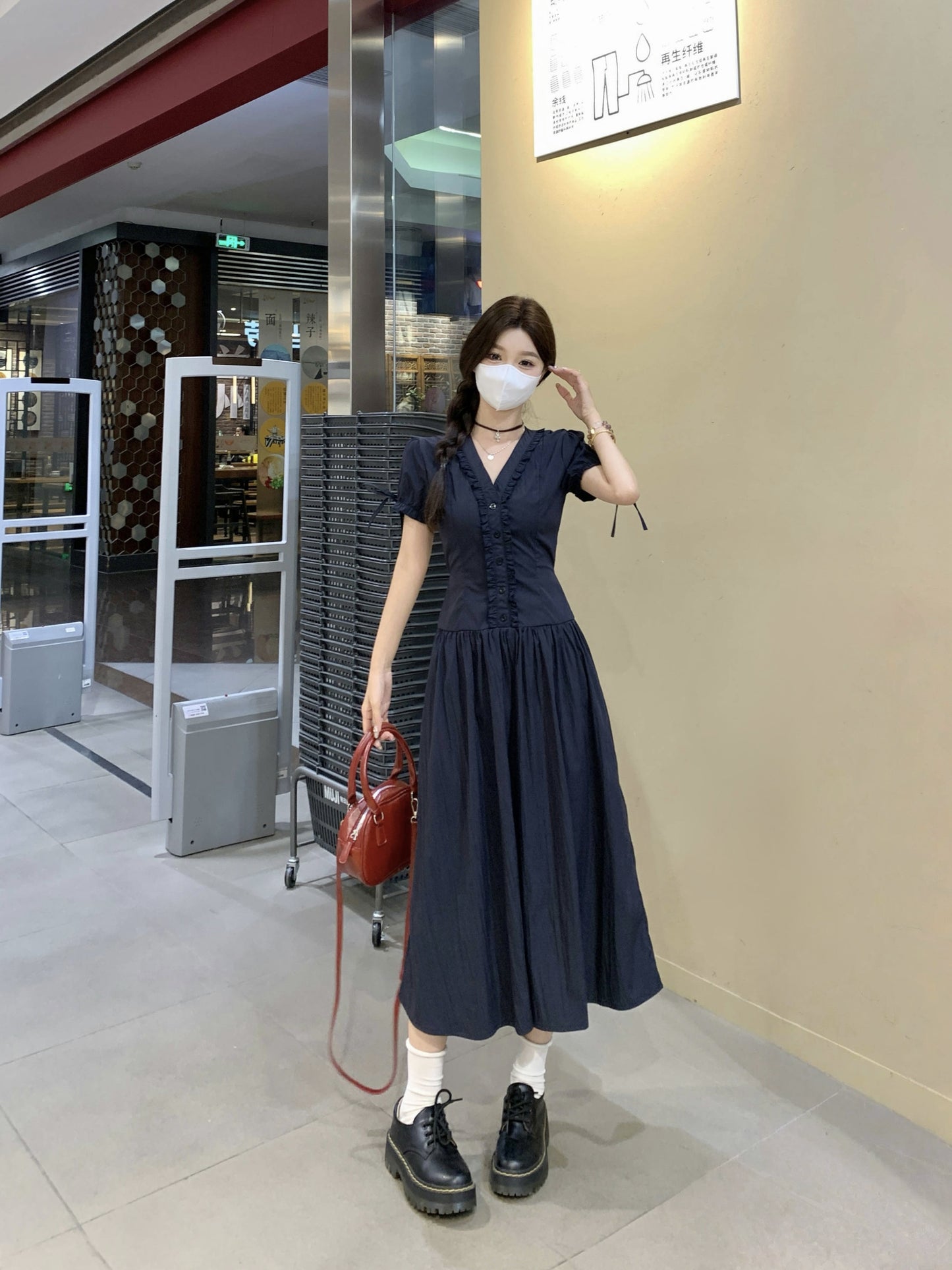 Victorian-Inspired Corset Waist Tea Dress With Ribbon Sleeve Ties