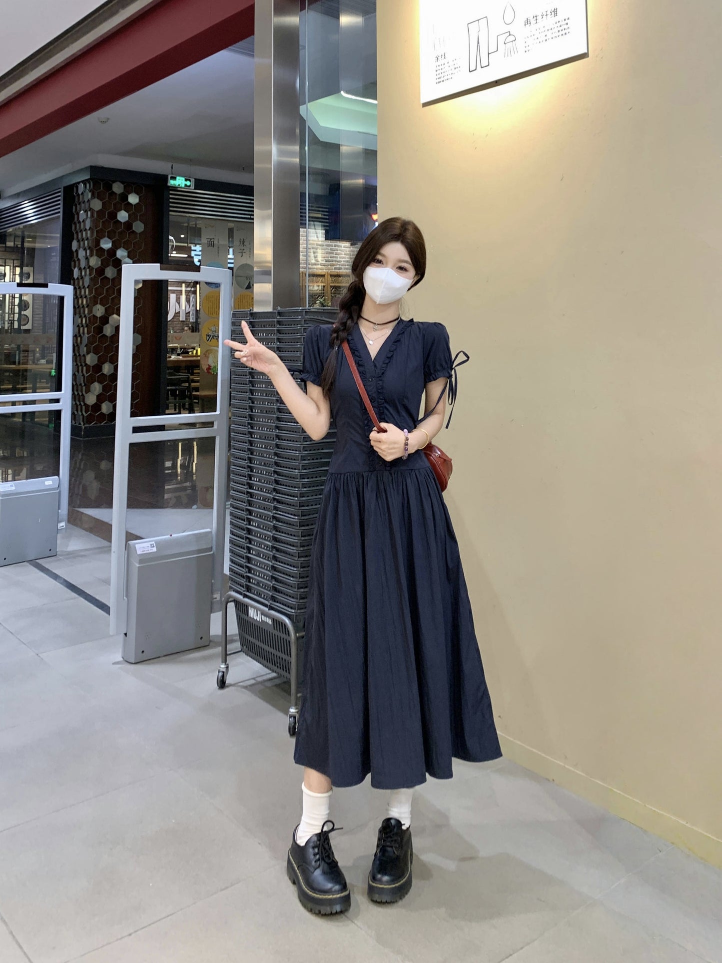 Victorian-Inspired Corset Waist Tea Dress With Ribbon Sleeve Ties