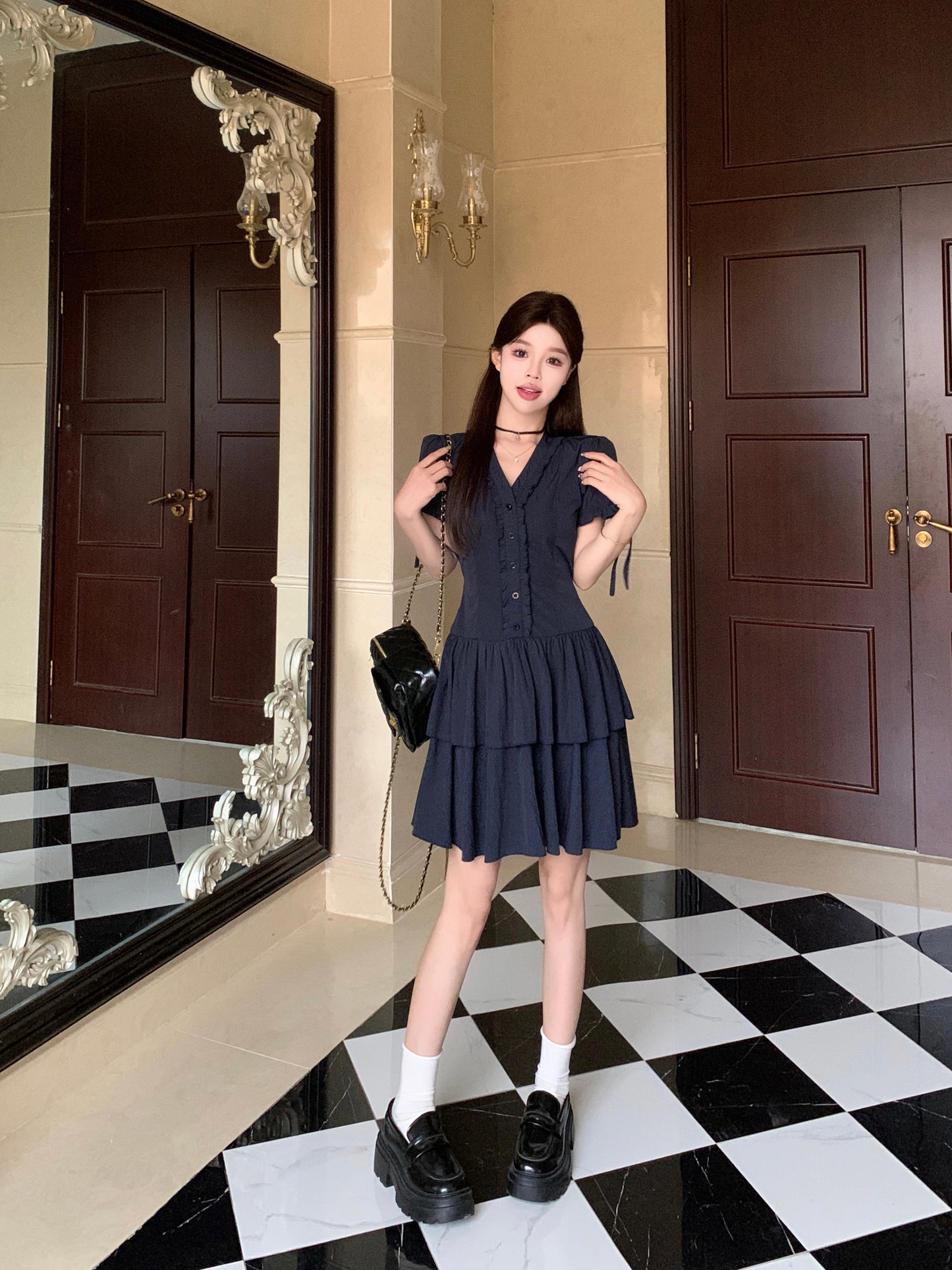 Victorian-Inspired Corset Waist Tea Dress With Ribbon Sleeve Ties