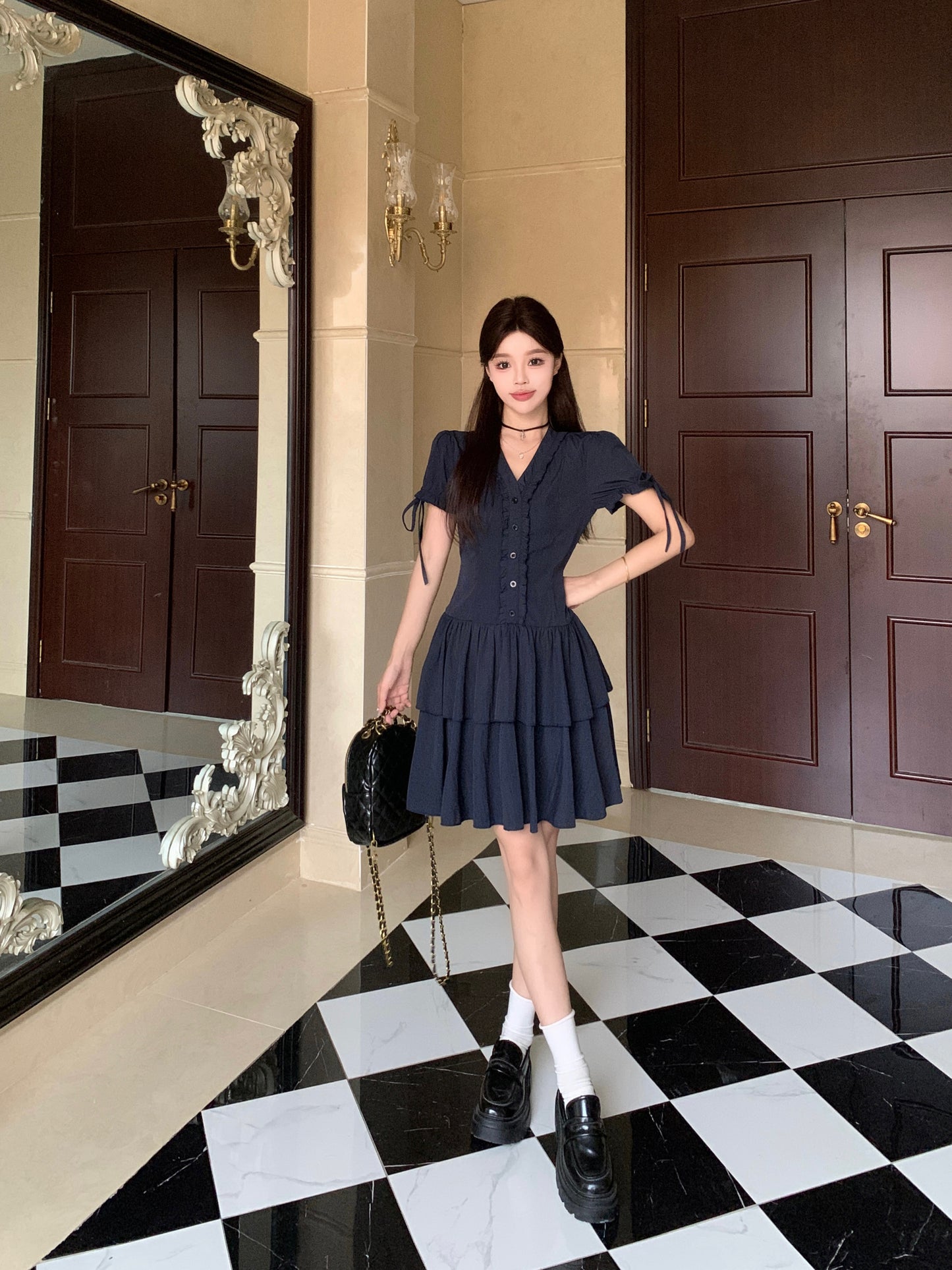 Victorian-Inspired Corset Waist Tea Dress With Ribbon Sleeve Ties