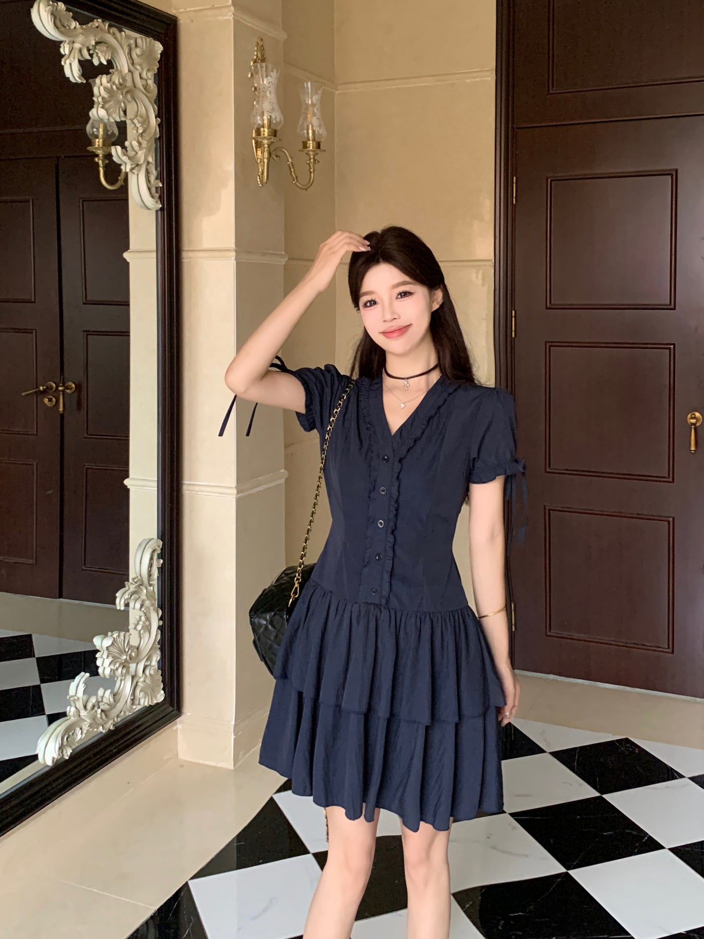 Victorian-Inspired Corset Waist Tea Dress With Ribbon Sleeve Ties