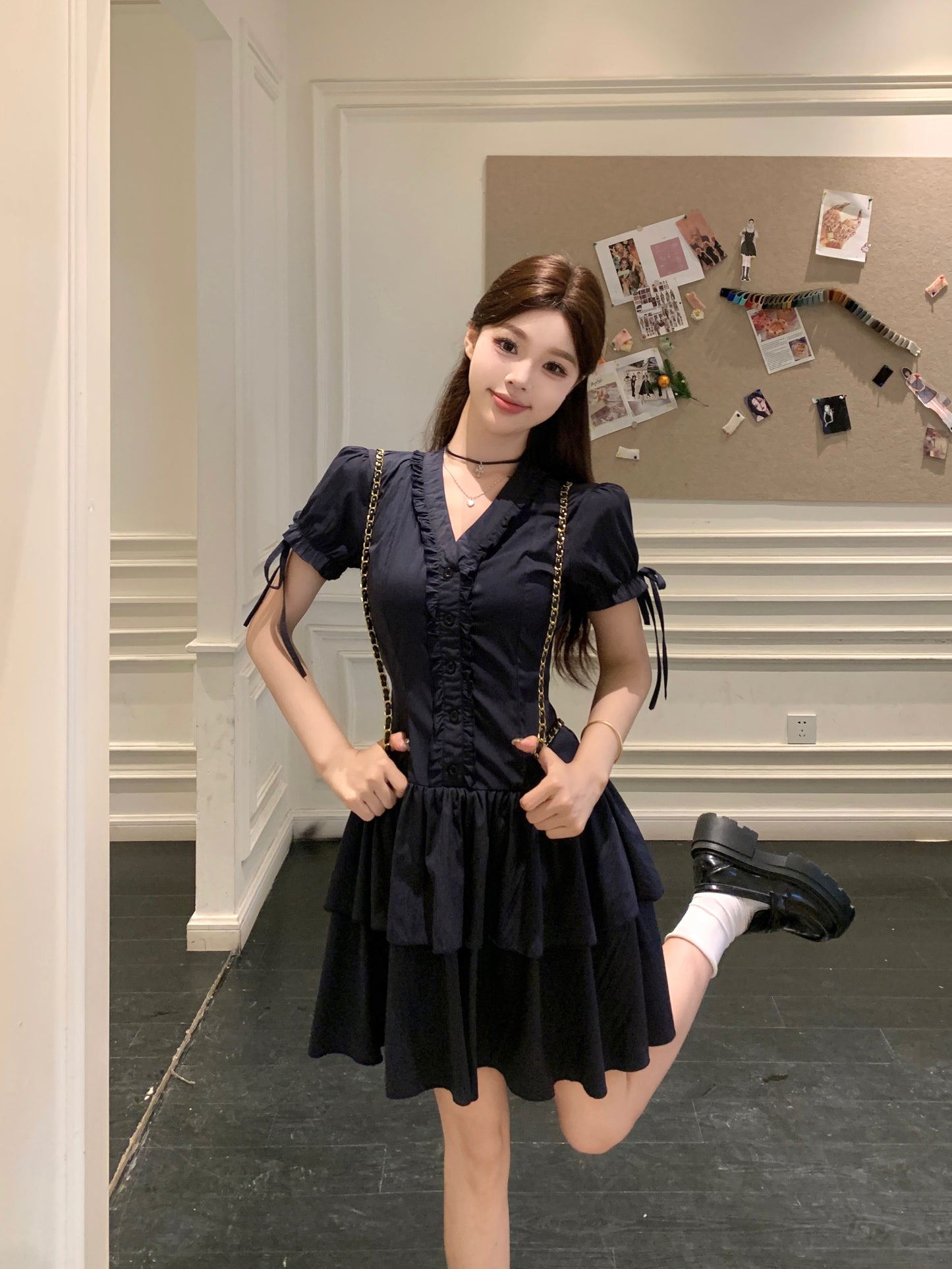 Victorian-Inspired Corset Waist Tea Dress With Ribbon Sleeve Ties
