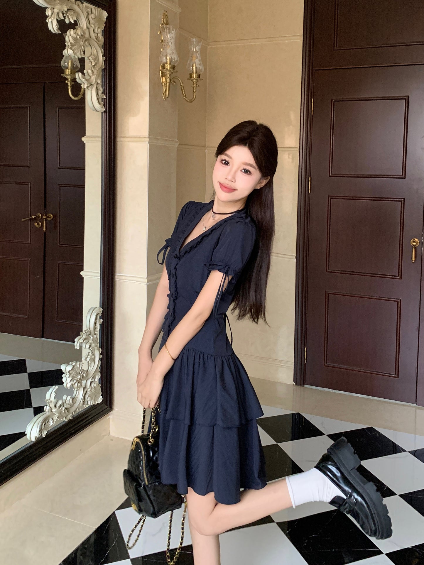Victorian-Inspired Corset Waist Tea Dress With Ribbon Sleeve Ties
