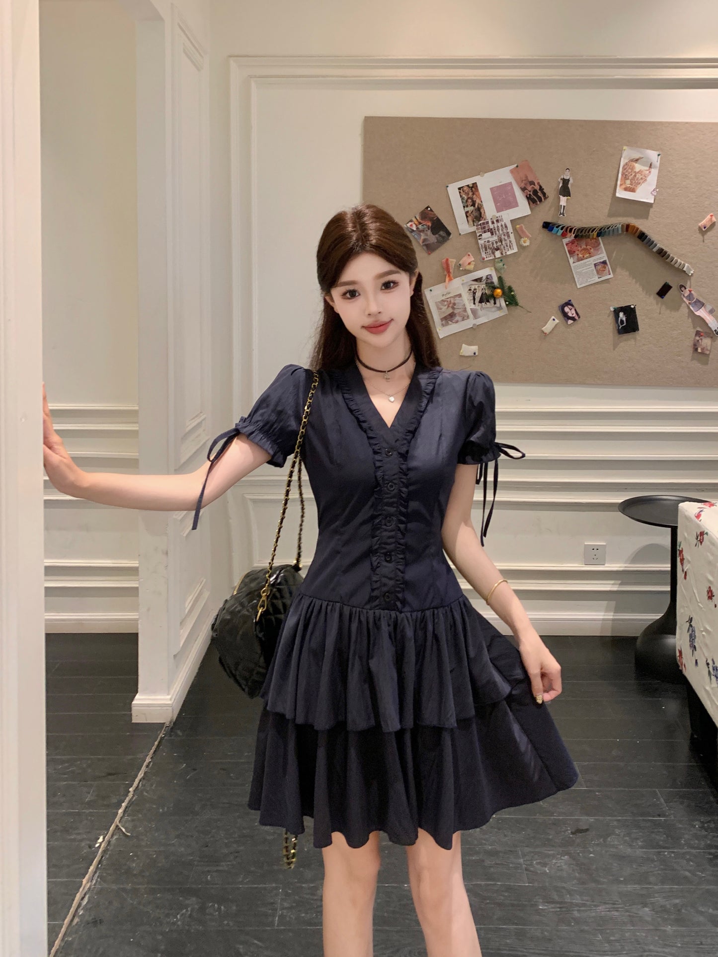 Victorian-Inspired Corset Waist Tea Dress With Ribbon Sleeve Ties