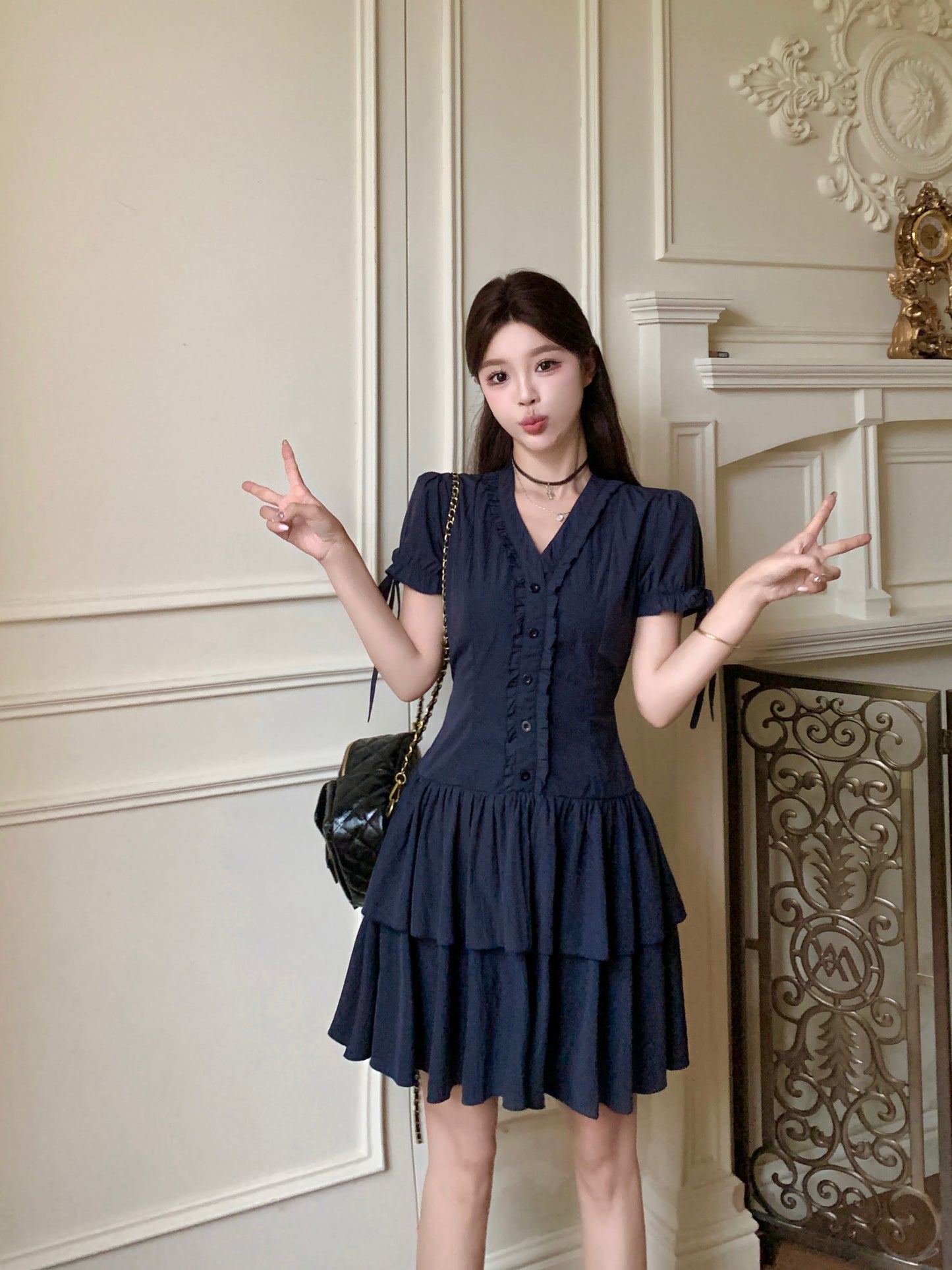 Victorian-Inspired Corset Waist Tea Dress With Ribbon Sleeve Ties