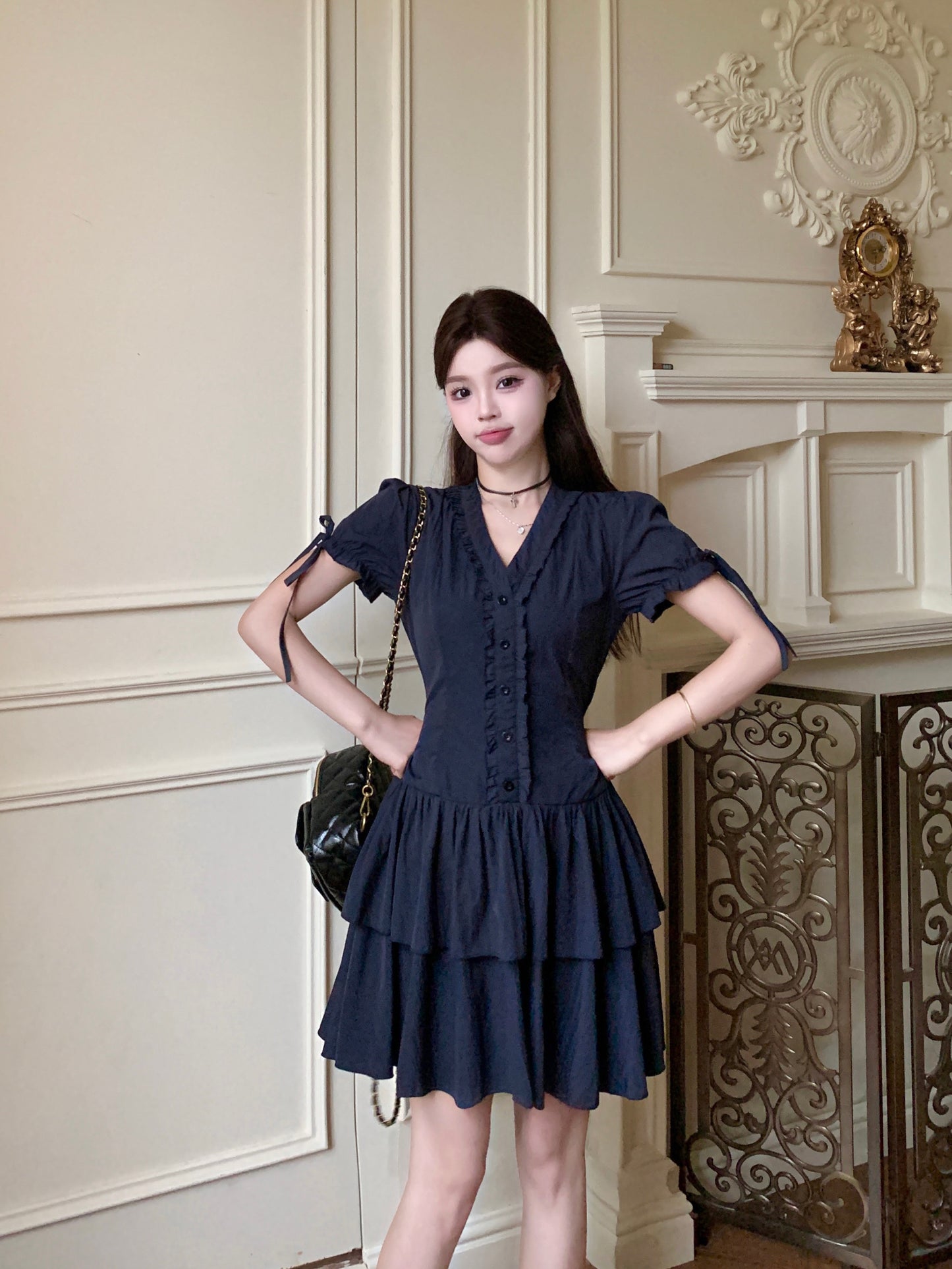 Victorian-Inspired Corset Waist Tea Dress With Ribbon Sleeve Ties