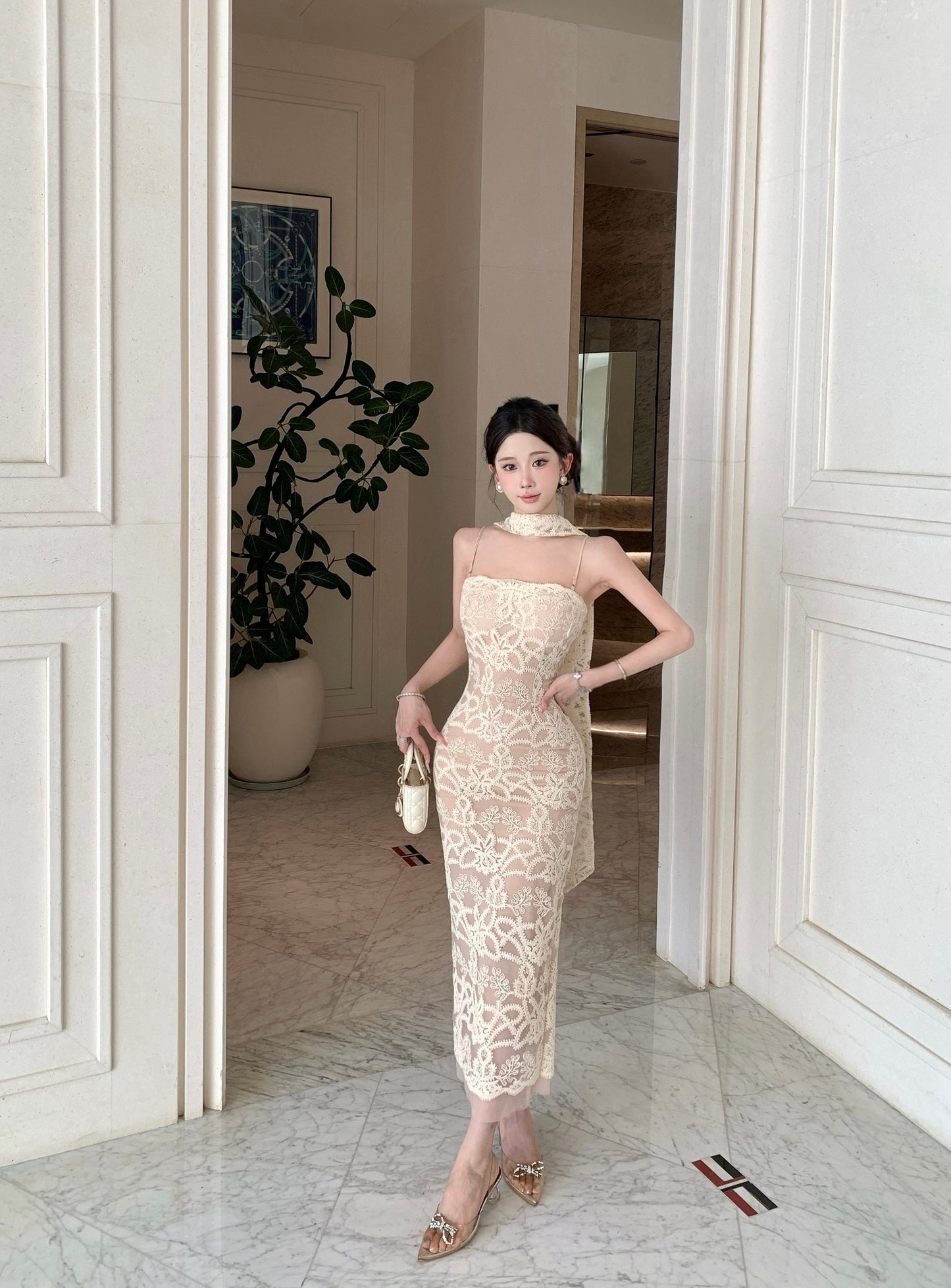 Cream Cami Strap Heavy Floral Embroidery Bodycon Midi Dress