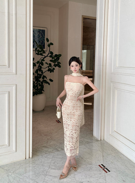 Cream Cami Strap Heavy Floral Embroidery Bodycon Midi Dress