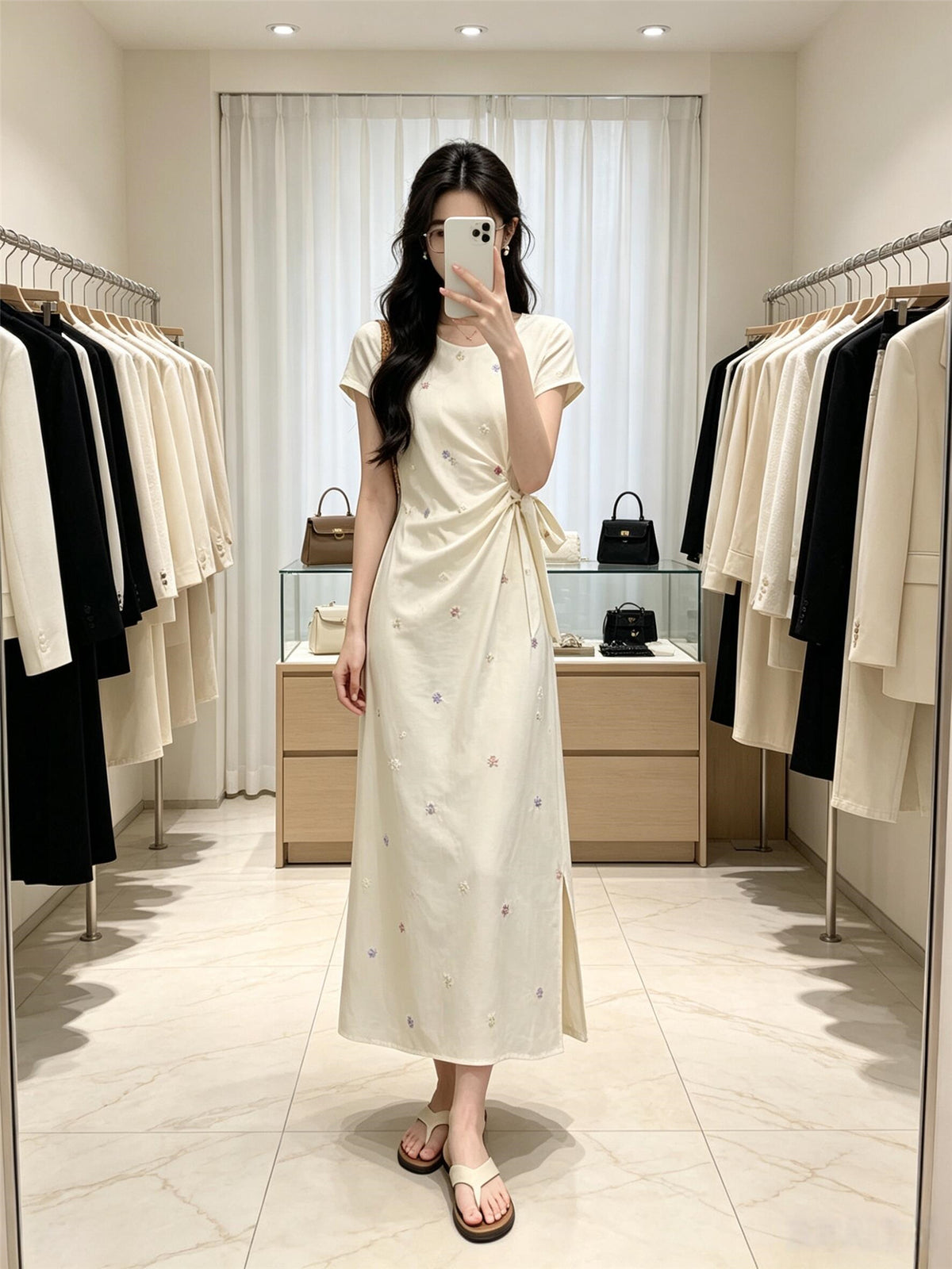 Cream Floral Embroidered Short Sleeve Wrap-Style Maxi Dress