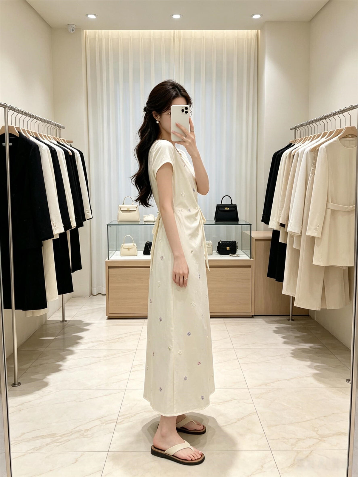 Cream Floral Embroidered Short Sleeve Wrap-Style Maxi Dress