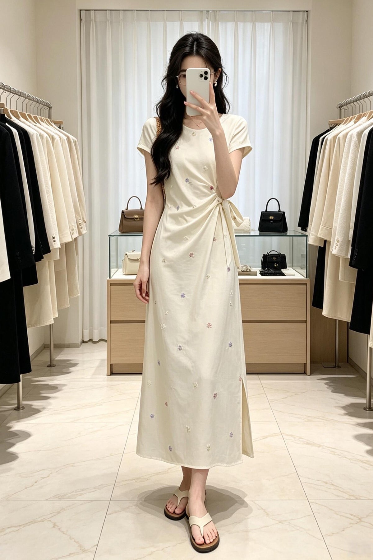 Cream Floral Embroidered Short Sleeve Wrap-Style Maxi Dress