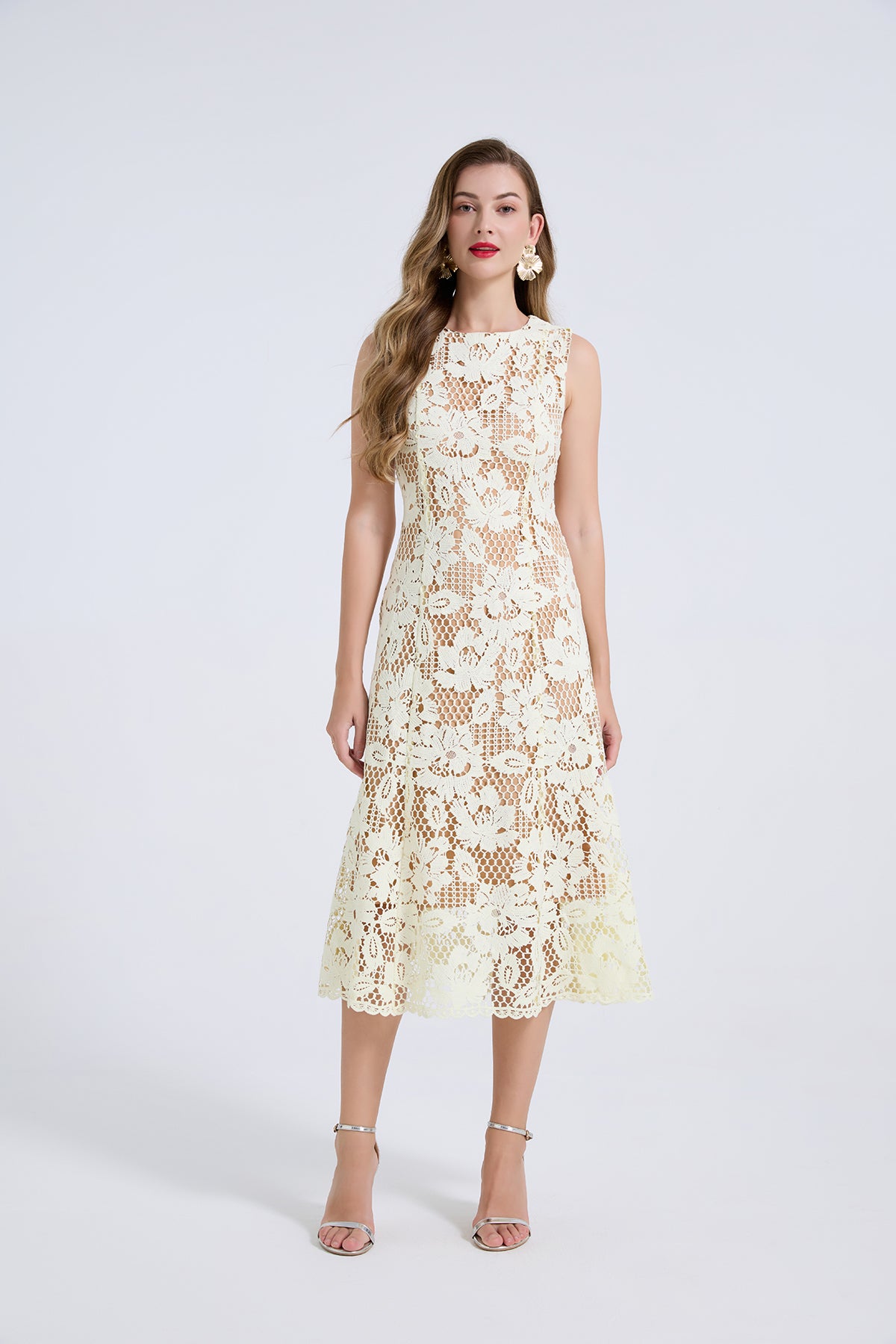 Cream Floral Guipure Lace Midi Dress