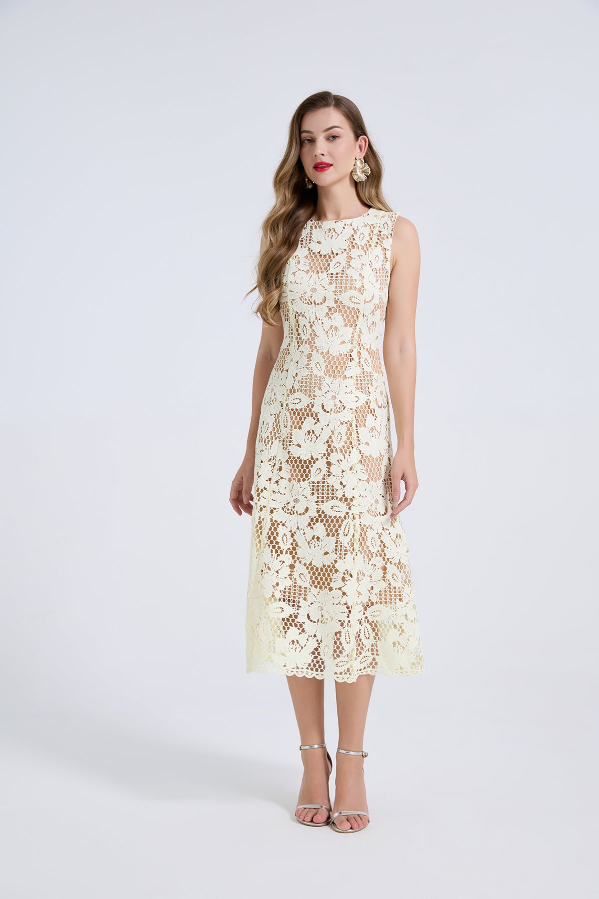 Cream Floral Guipure Lace Midi Dress
