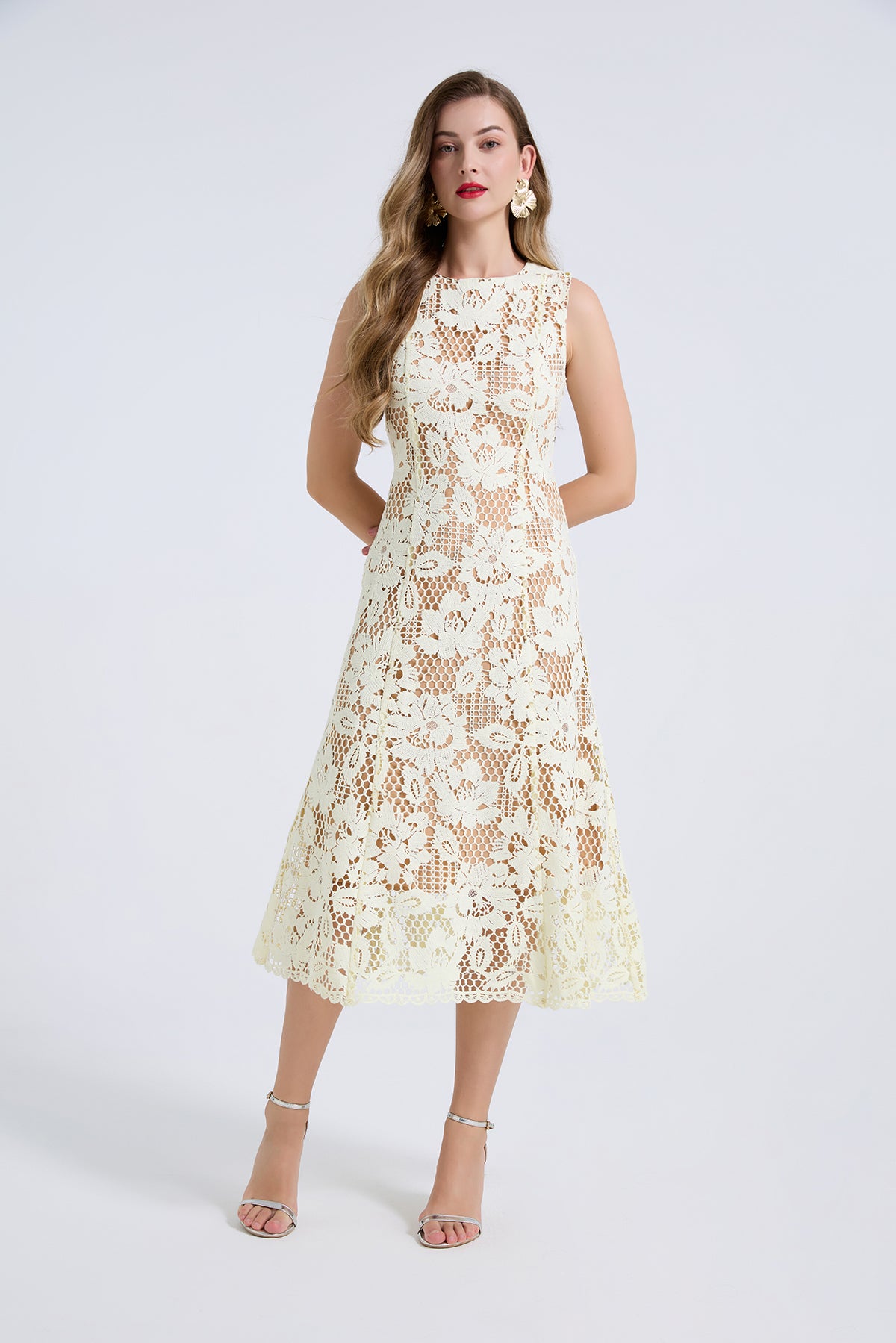 Cream Floral Guipure Lace Midi Dress