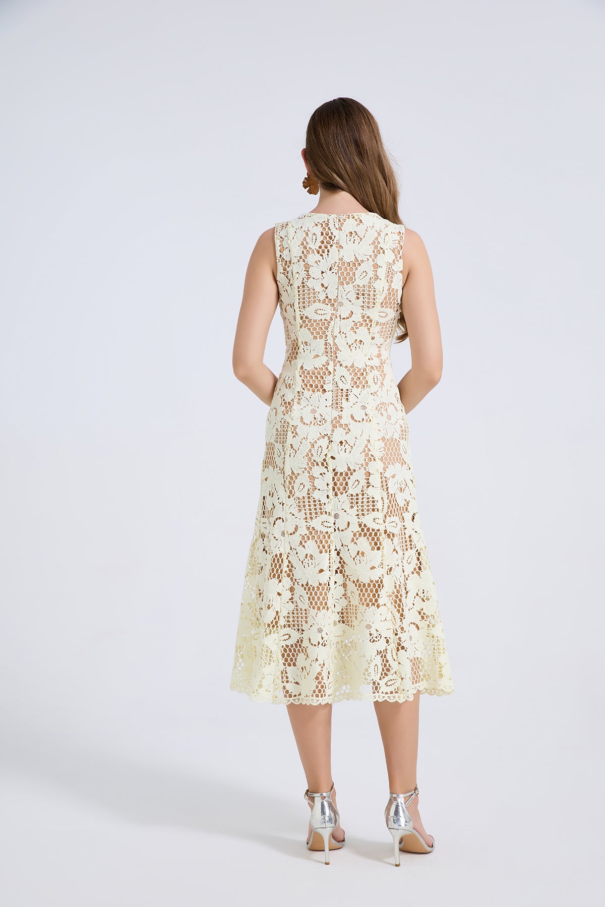 Cream Floral Guipure Lace Midi Dress
