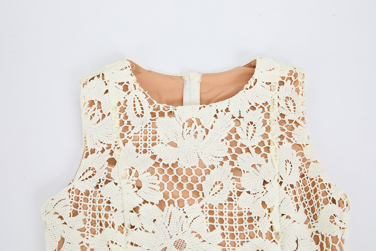 Cream Floral Guipure Lace Midi Dress