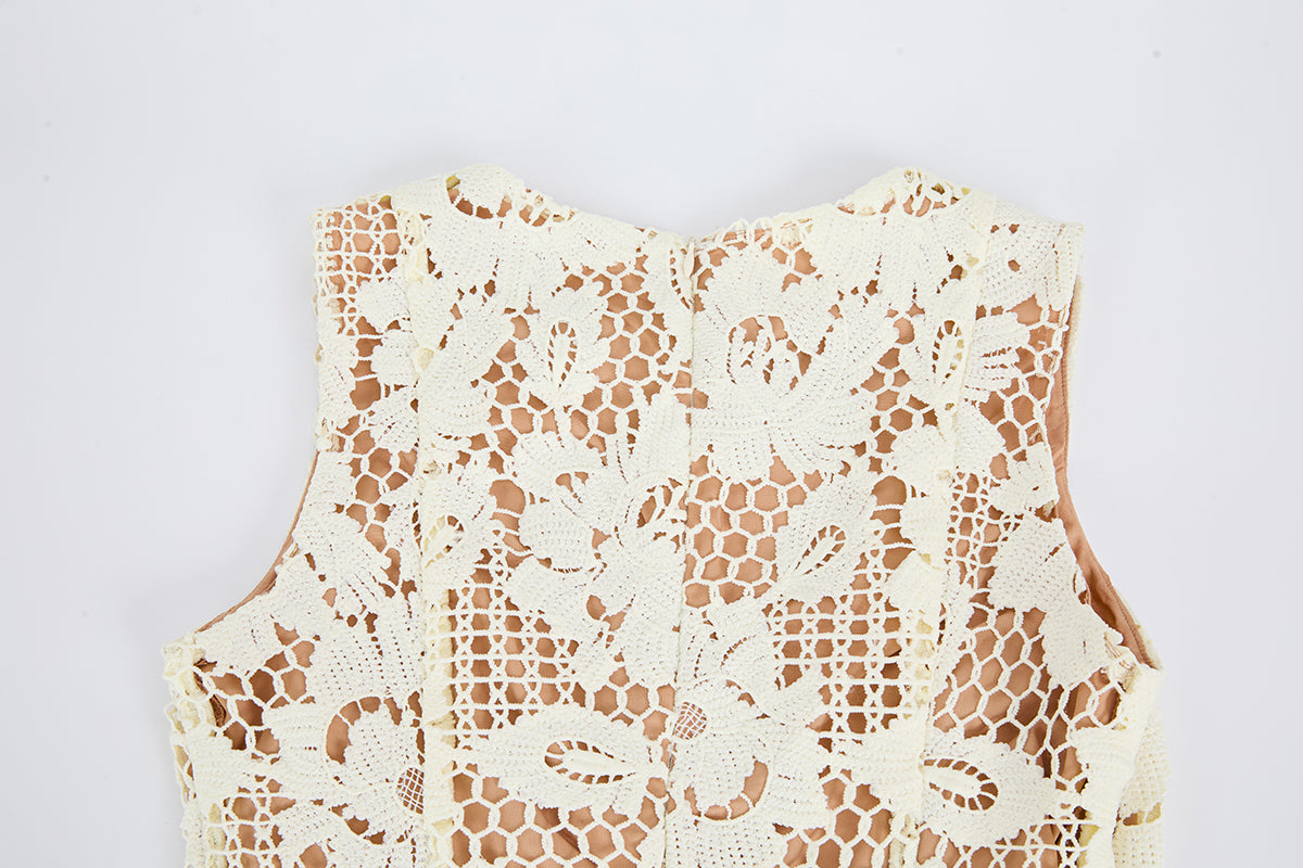 Cream Floral Guipure Lace Midi Dress