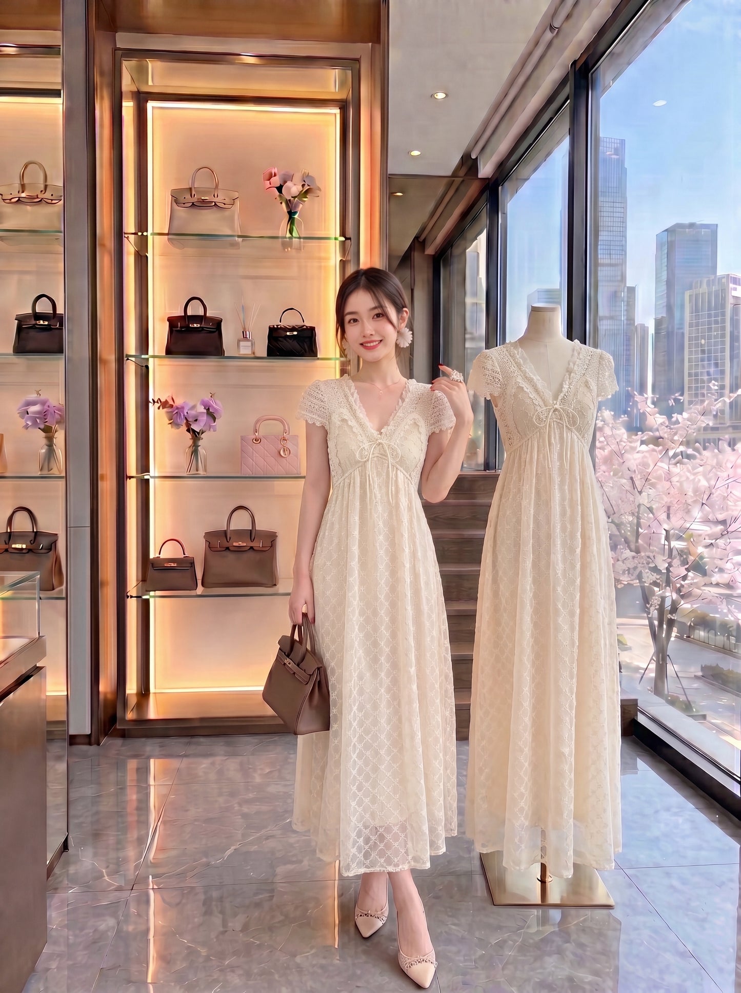 Cream French Vintage Lace V-Neck Tie-Front Maxi Dress