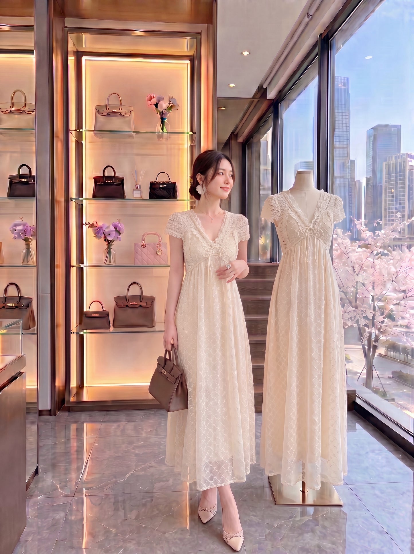 Cream French Vintage Lace V-Neck Tie-Front Maxi Dress