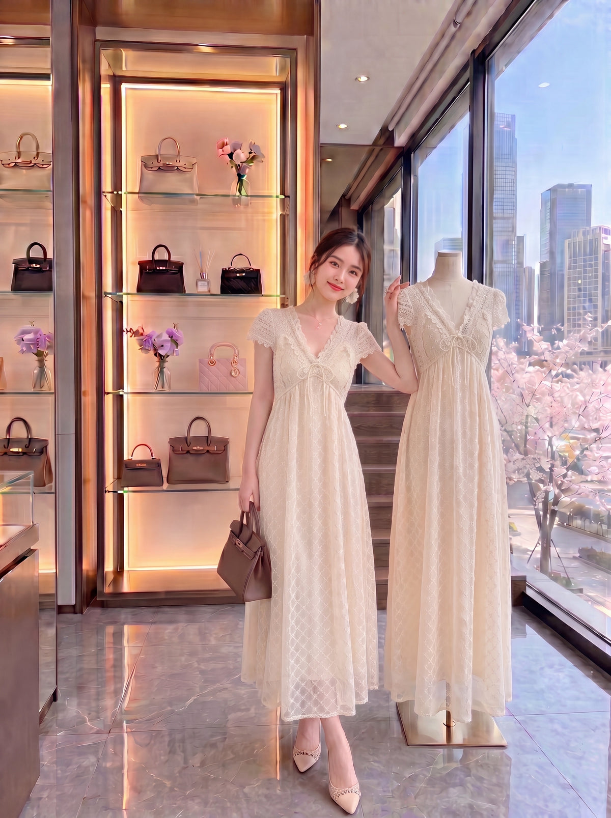 Cream French Vintage Lace V-Neck Tie-Front Maxi Dress