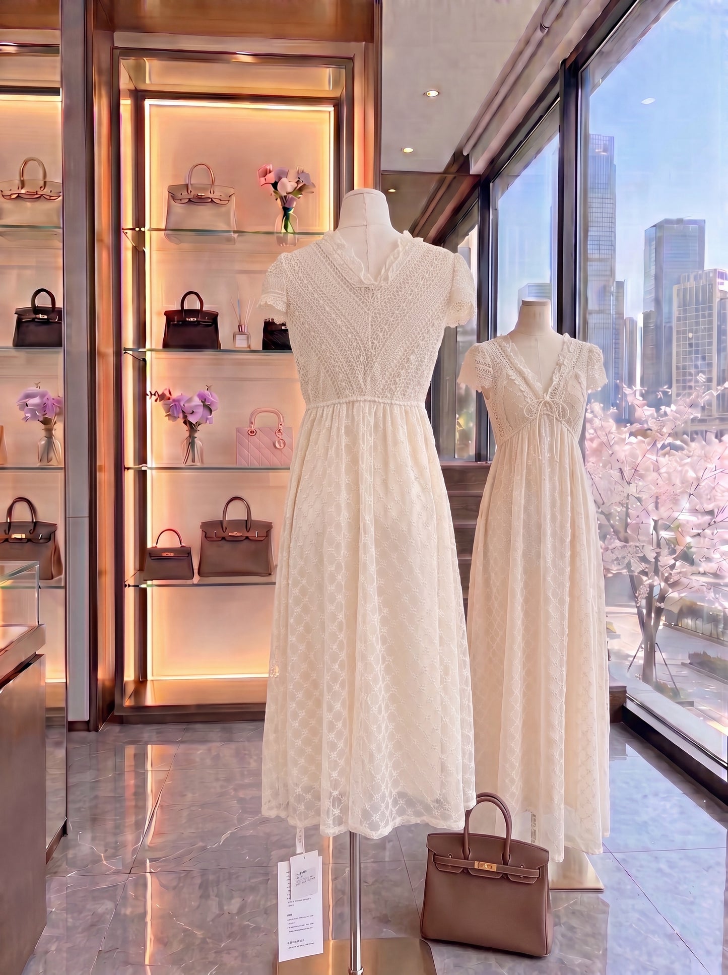 Cream French Vintage Lace V-Neck Tie-Front Maxi Dress