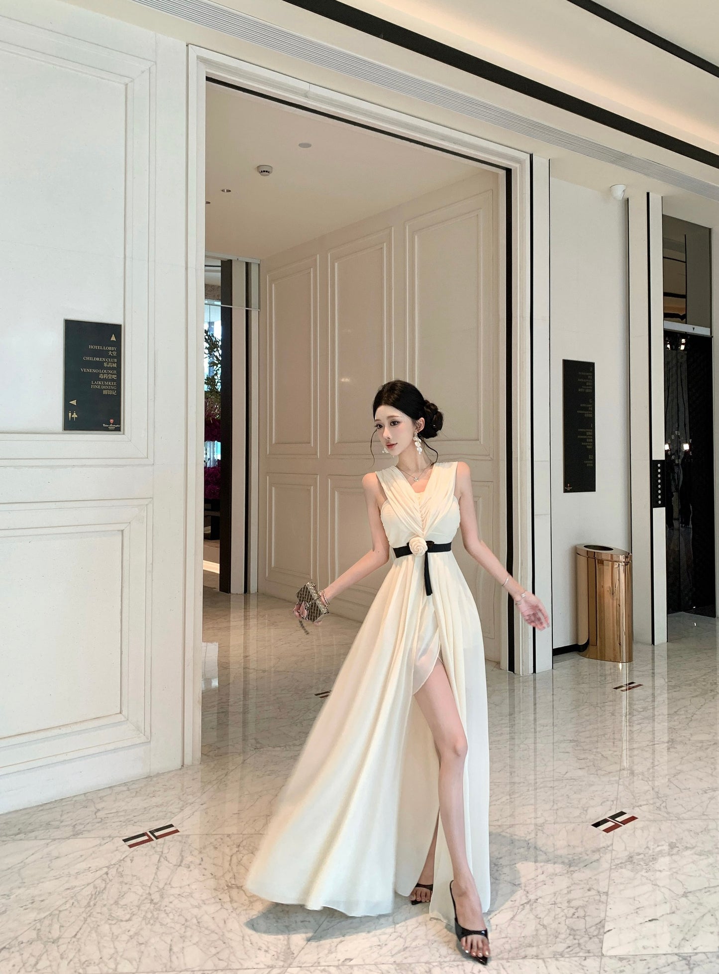 Cream Pleated V-Neck Maxi Dress with Black Rosette Belt and High Split