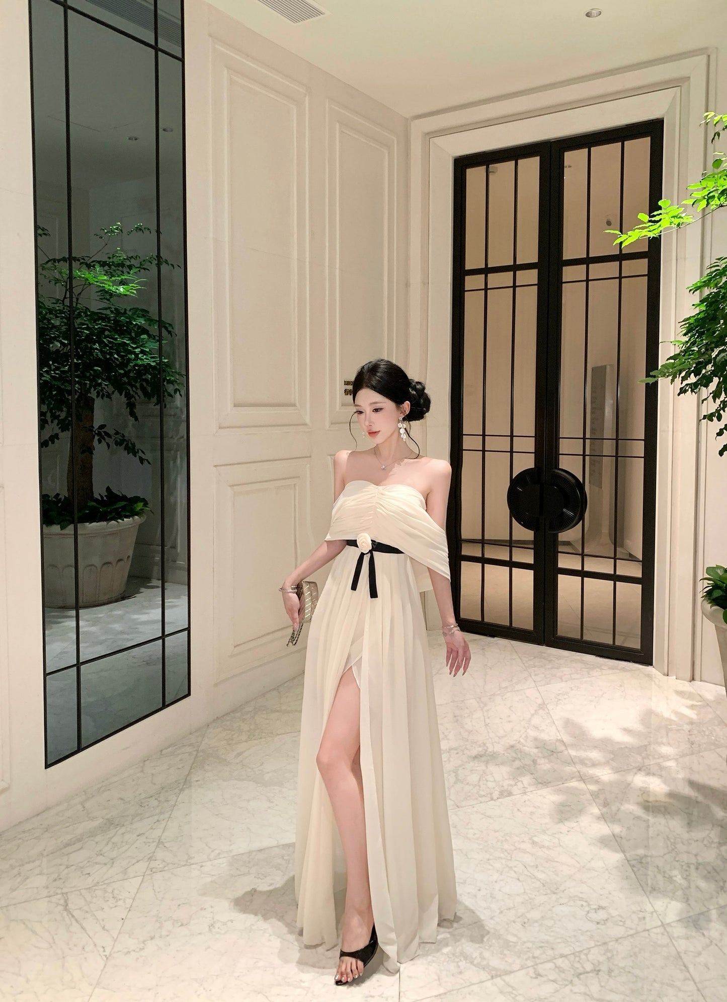 Cream Pleated V-Neck Maxi Dress with Black Rosette Belt and High Split