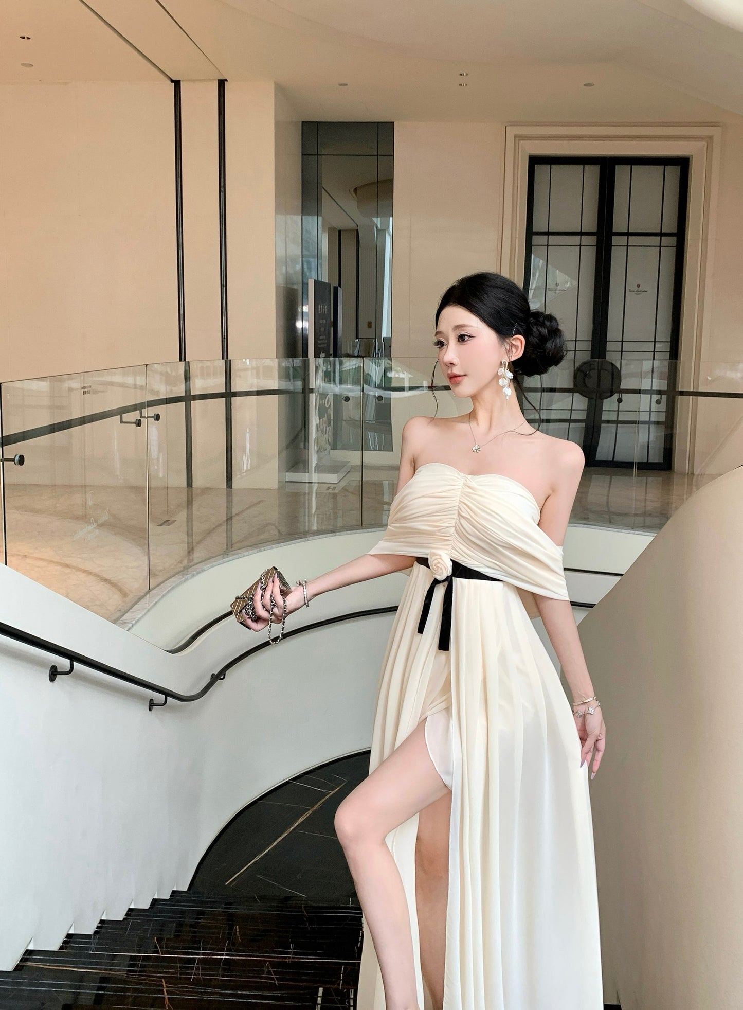 Cream Pleated V-Neck Maxi Dress with Black Rosette Belt and High Split