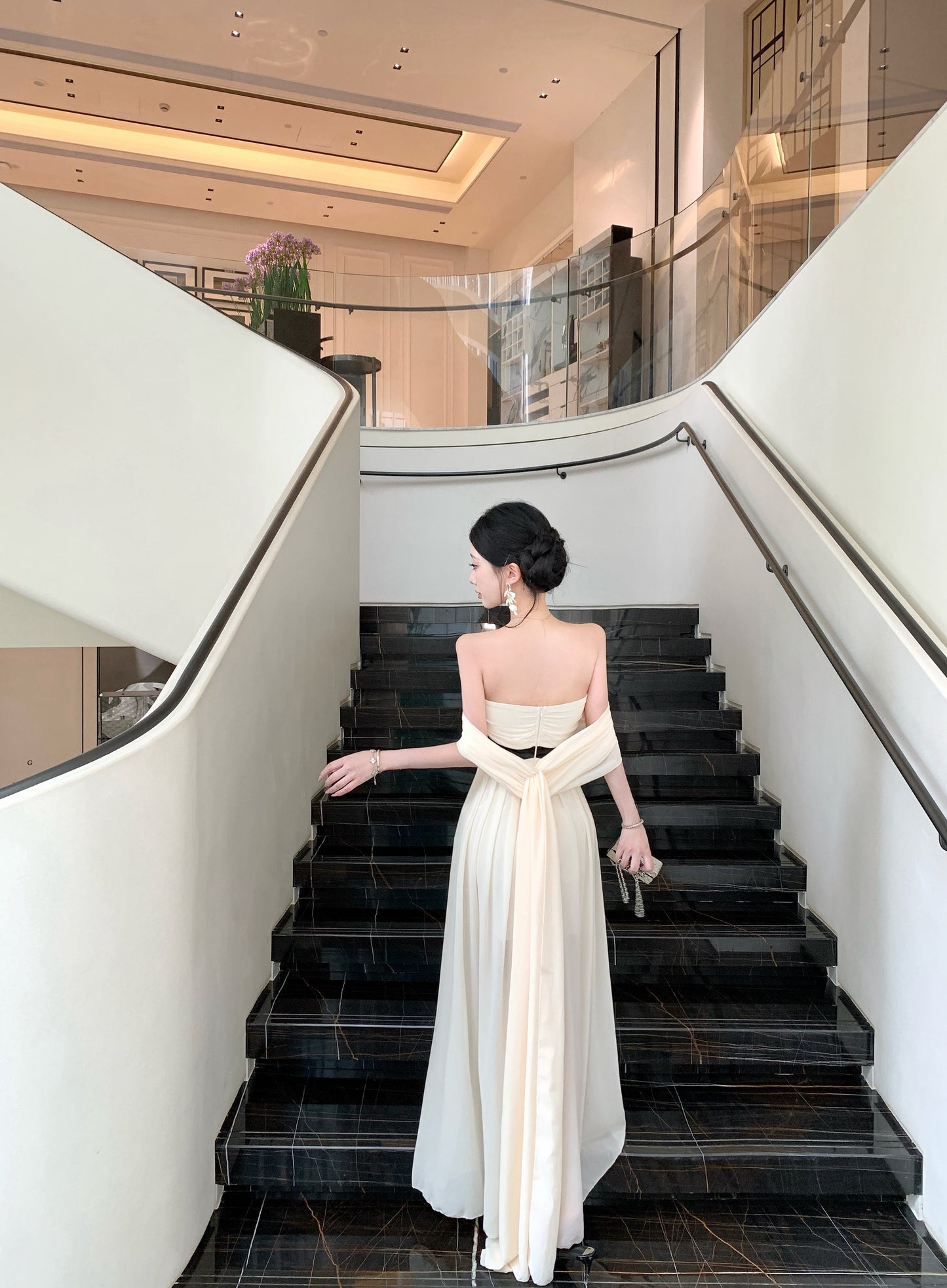 Cream Pleated V-Neck Maxi Dress with Black Rosette Belt and High Split