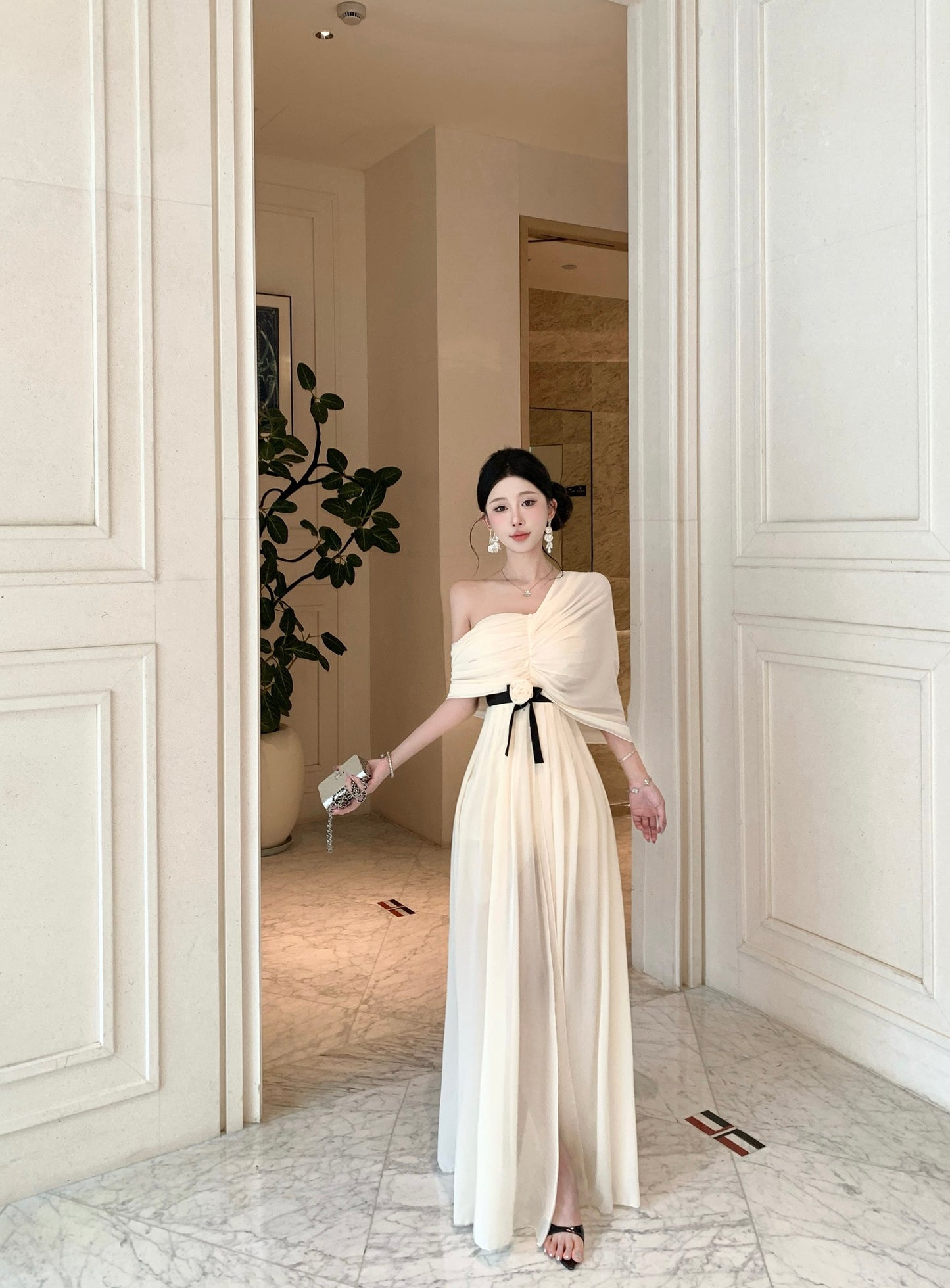 Cream Pleated V-Neck Maxi Dress with Black Rosette Belt and High Split