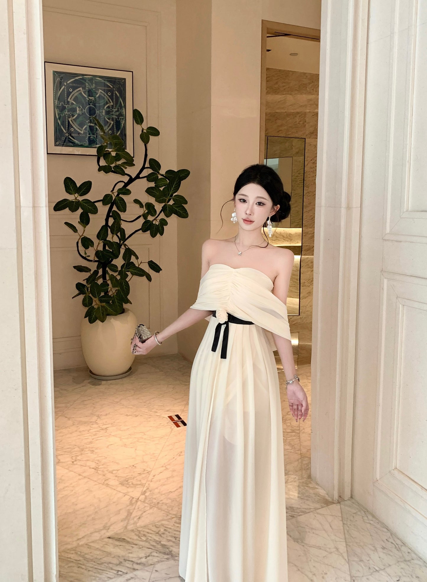 Cream Pleated V-Neck Maxi Dress with Black Rosette Belt and High Split