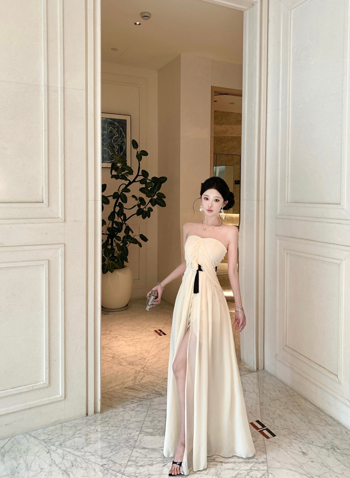 Cream Pleated V-Neck Maxi Dress with Black Rosette Belt and High Split