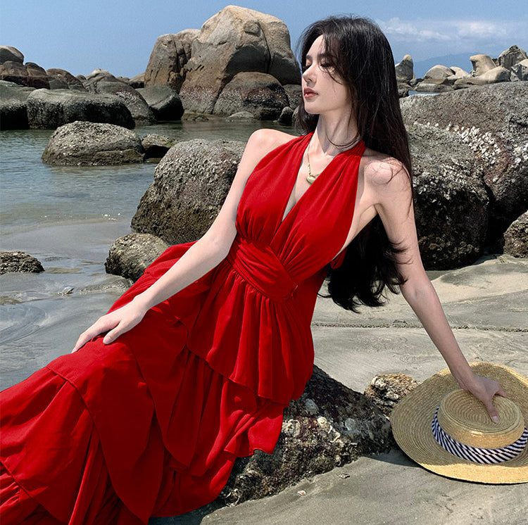 Crimson Tiered Cake Halter Maxi Dress