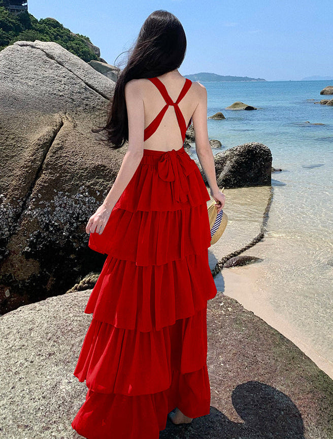 Crimson Tiered Cake Halter Maxi Dress