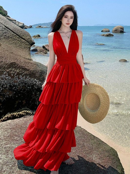 Crimson Tiered Cake Halter Maxi Dress