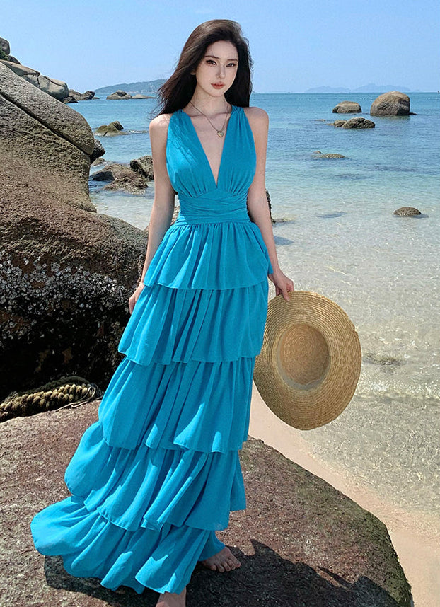 Crimson Tiered Cake Halter Maxi Dress