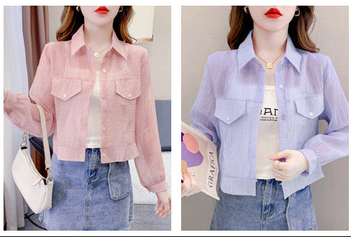 Sheer Pleated Cropped Utility Blouse