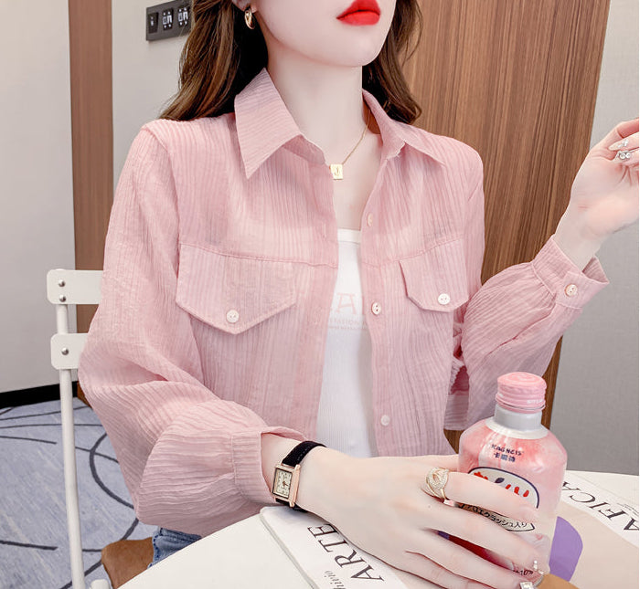 Sheer Pleated Cropped Utility Blouse