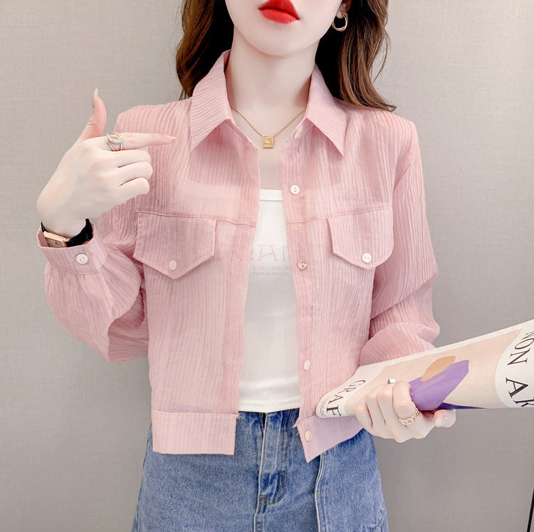 Sheer Pleated Cropped Utility Blouse