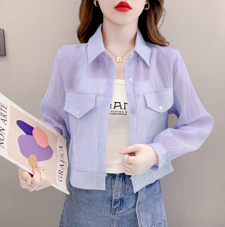 Sheer Pleated Cropped Utility Blouse